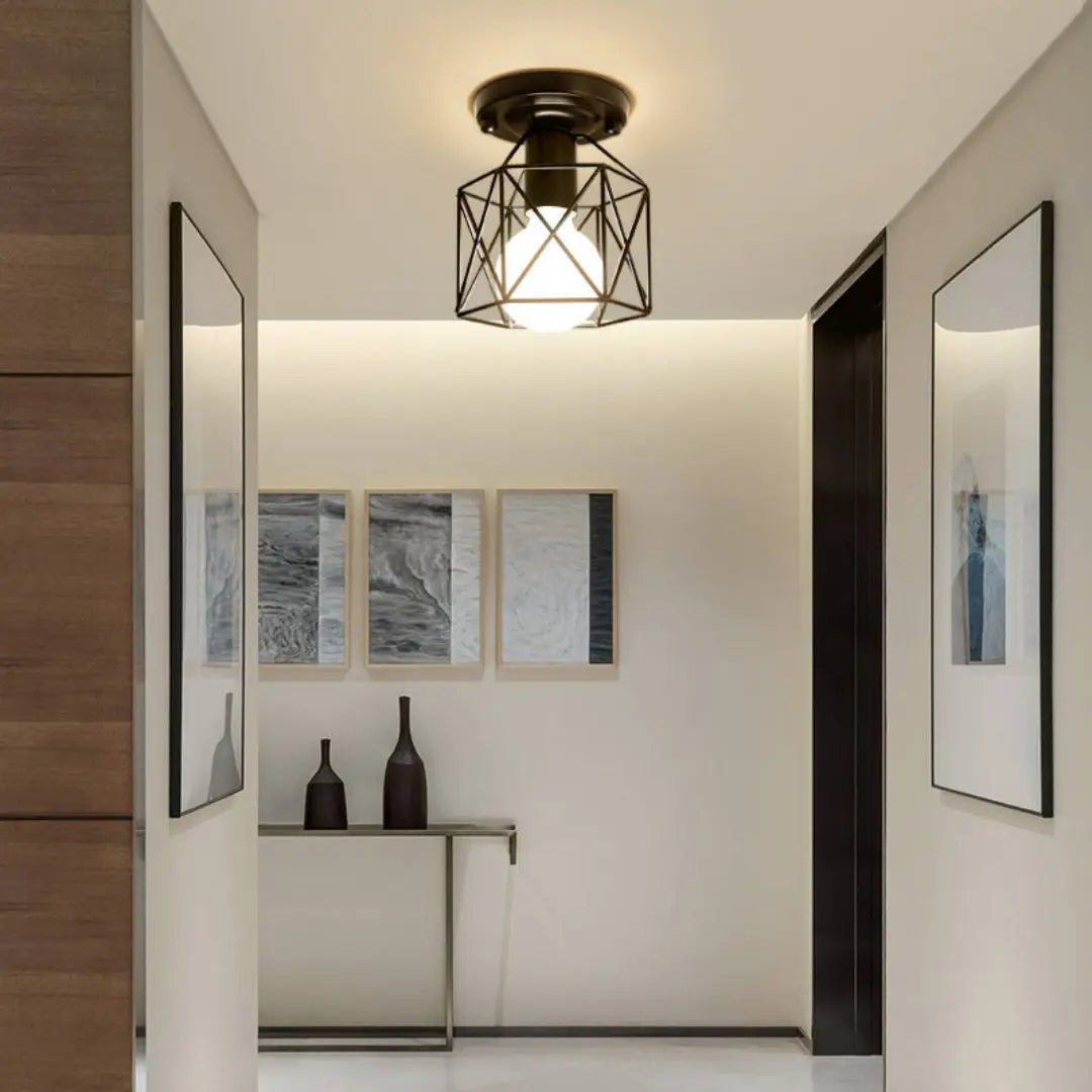 Zeyra Black Vintage Flush Ceiling Light - Industrial Metal Cage Fixture with E27 Socket