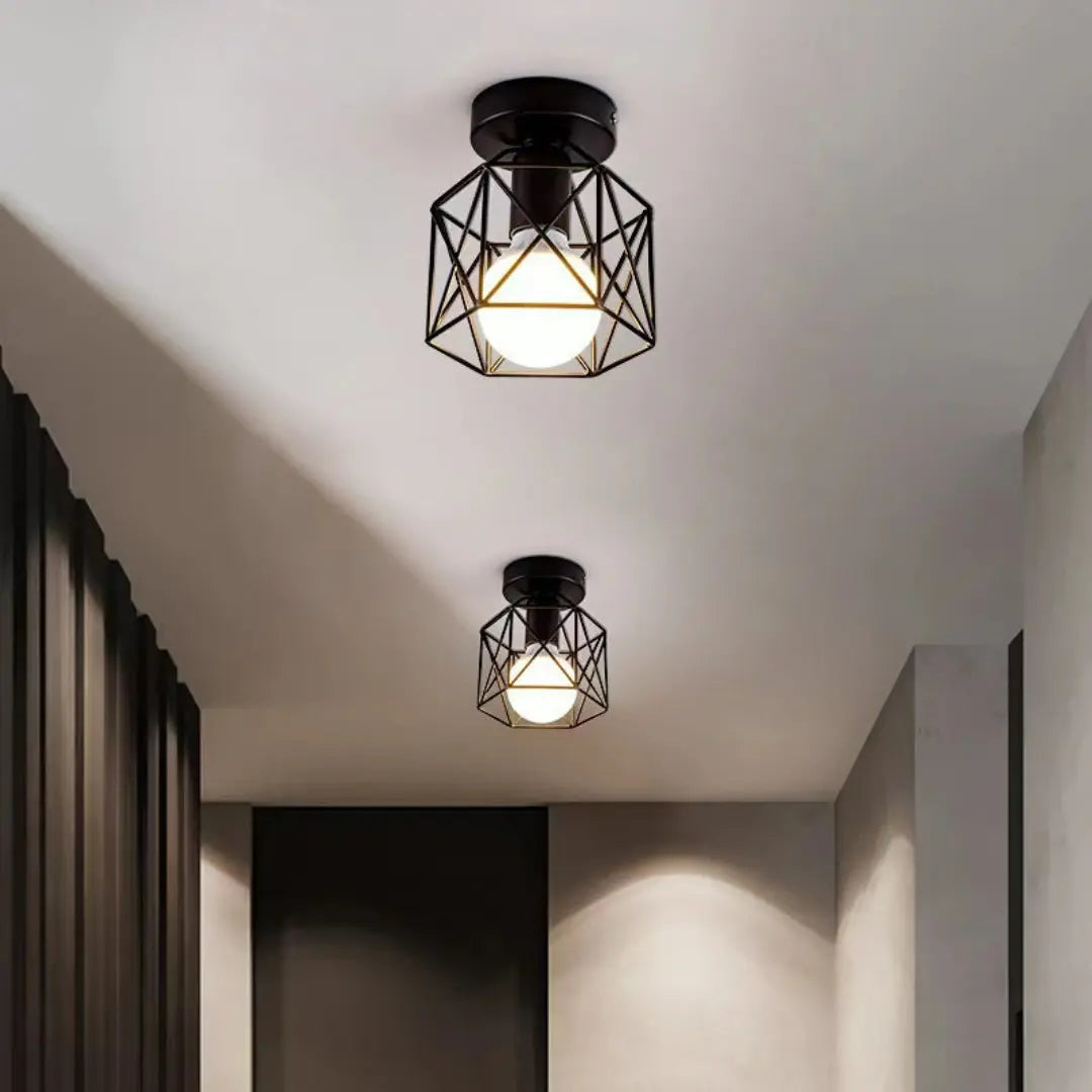 Zeyra Black Vintage Flush Ceiling Light - Industrial Metal Cage Fixture with E27 Socket