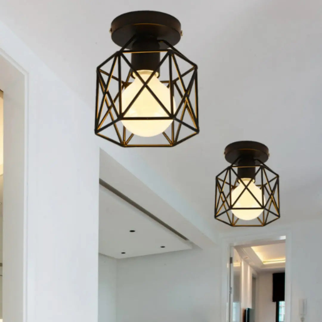 Zeyra Black Vintage Flush Ceiling Light - Industrial Metal Cage Fixture with E27 Socket