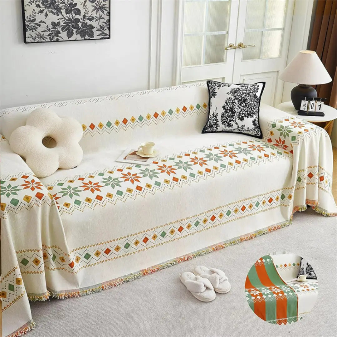 Elvara Bohemian Chenille Sofa Blanket Cover - Reversible Wear-Resistant Boho Protector