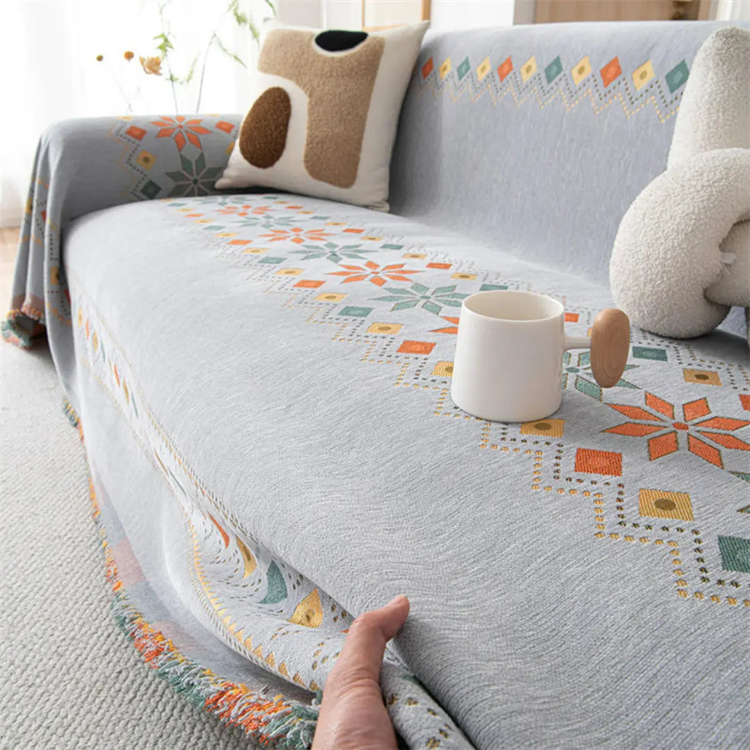 Elvara Bohemian Chenille Sofa Blanket Cover - Reversible Wear-Resistant Boho Protector
