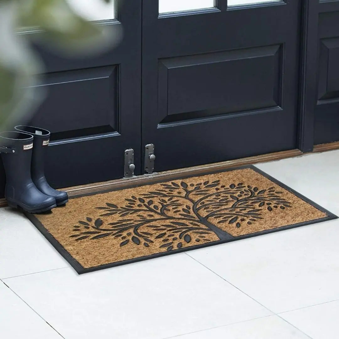 HearthWoven Crescent Coir Door Mat – Non-Slip Entrance Mat with Ornate Scroll and Rubber Backing
