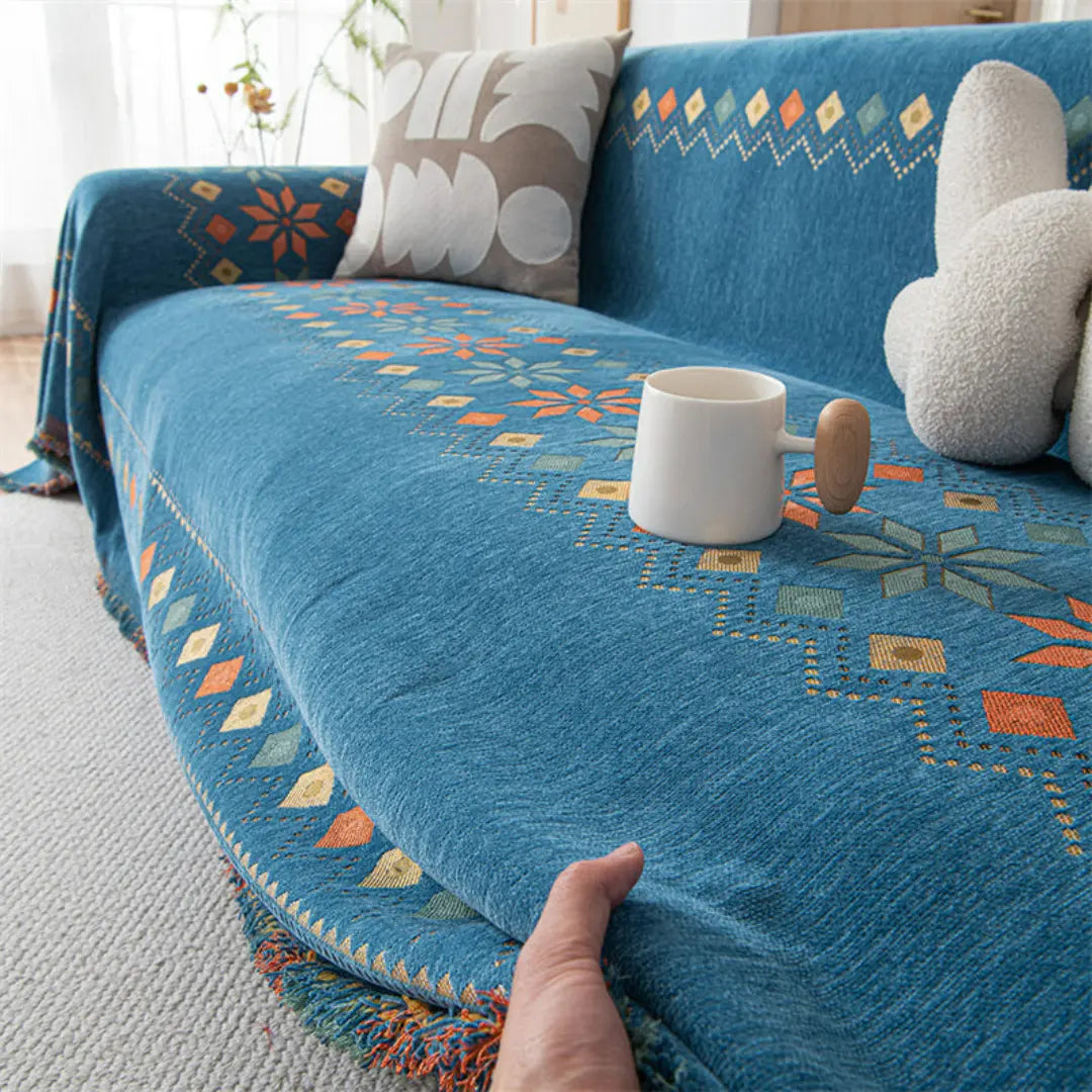 Elvara Bohemian Chenille Sofa Blanket Cover - Reversible Wear-Resistant Boho Protector