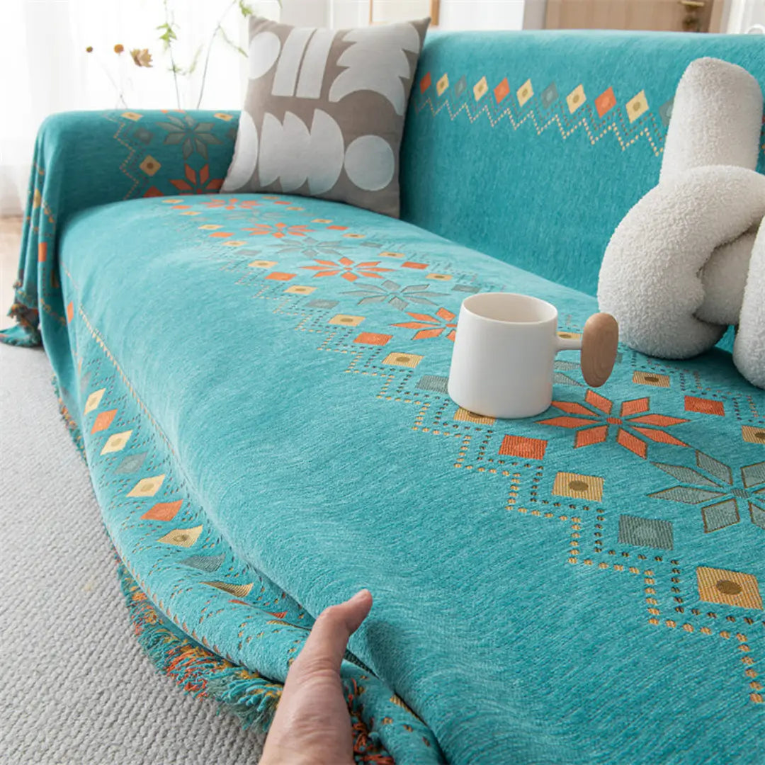 Elvara Bohemian Chenille Sofa Blanket Cover - Reversible Wear-Resistant Boho Protector