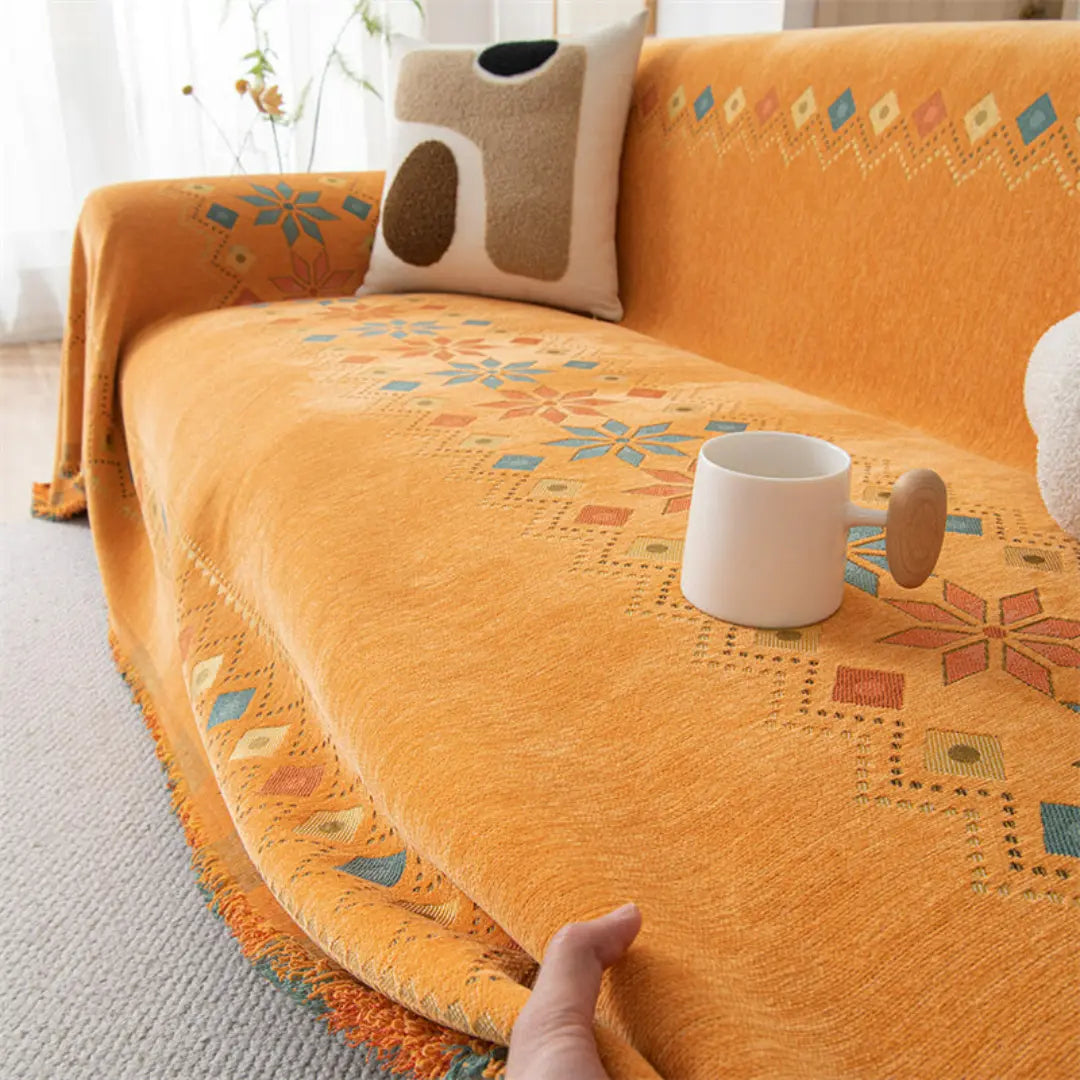 Elvara Bohemian Chenille Sofa Blanket Cover - Reversible Wear-Resistant Boho Protector