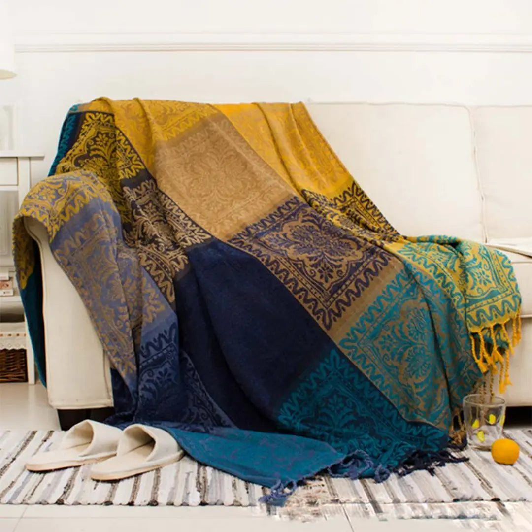 Arvani Bohemian Colorful Jacquard Fringed Blanket - Chenille Sofa Throw with Vibrant Patterns