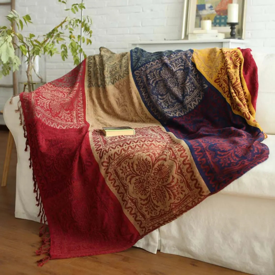 Arvani Bohemian Colorful Jacquard Fringed Blanket - Chenille Sofa Throw with Vibrant Patterns