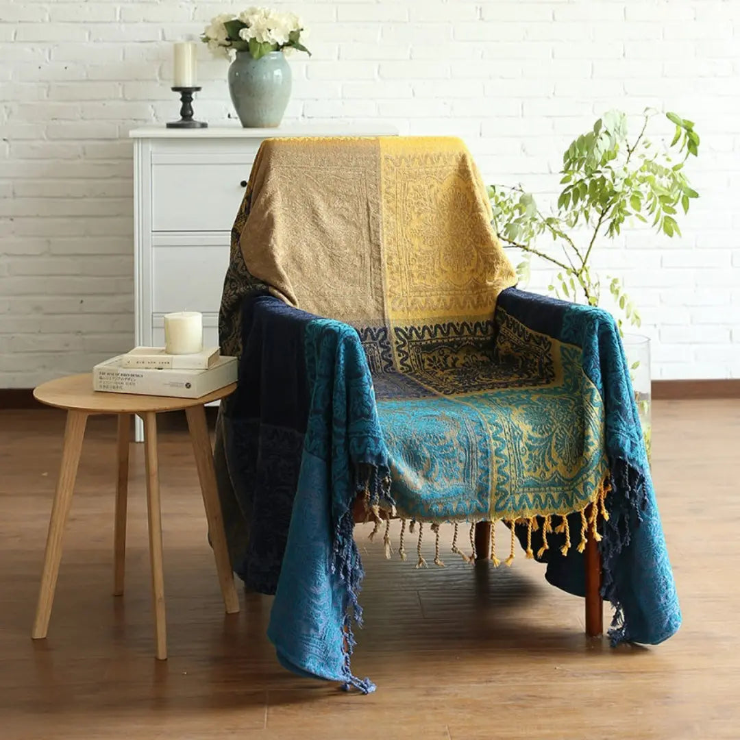 Arvani Bohemian Colorful Jacquard Fringed Blanket - Chenille Sofa Throw with Vibrant Patterns