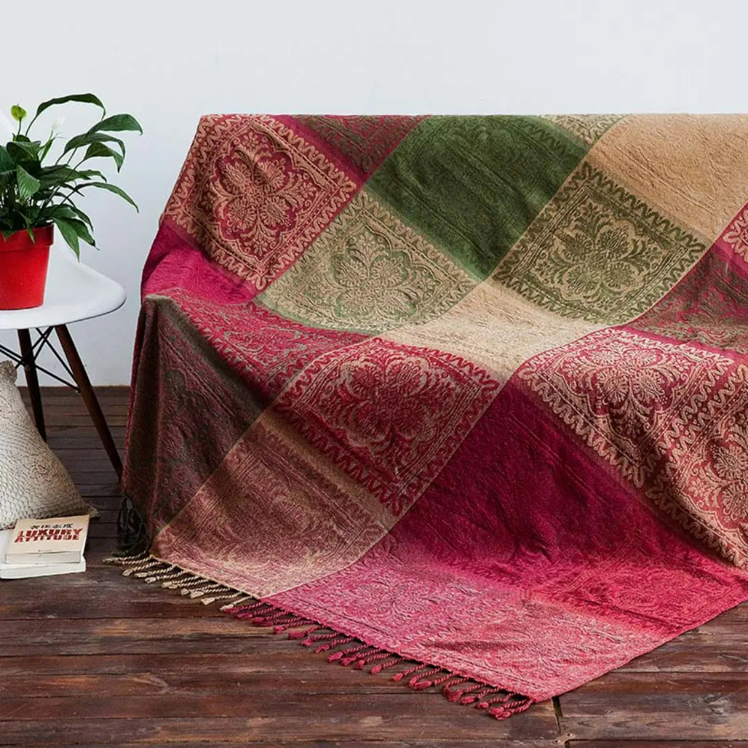 Arvani Bohemian Colorful Jacquard Fringed Blanket - Chenille Sofa Throw with Vibrant Patterns