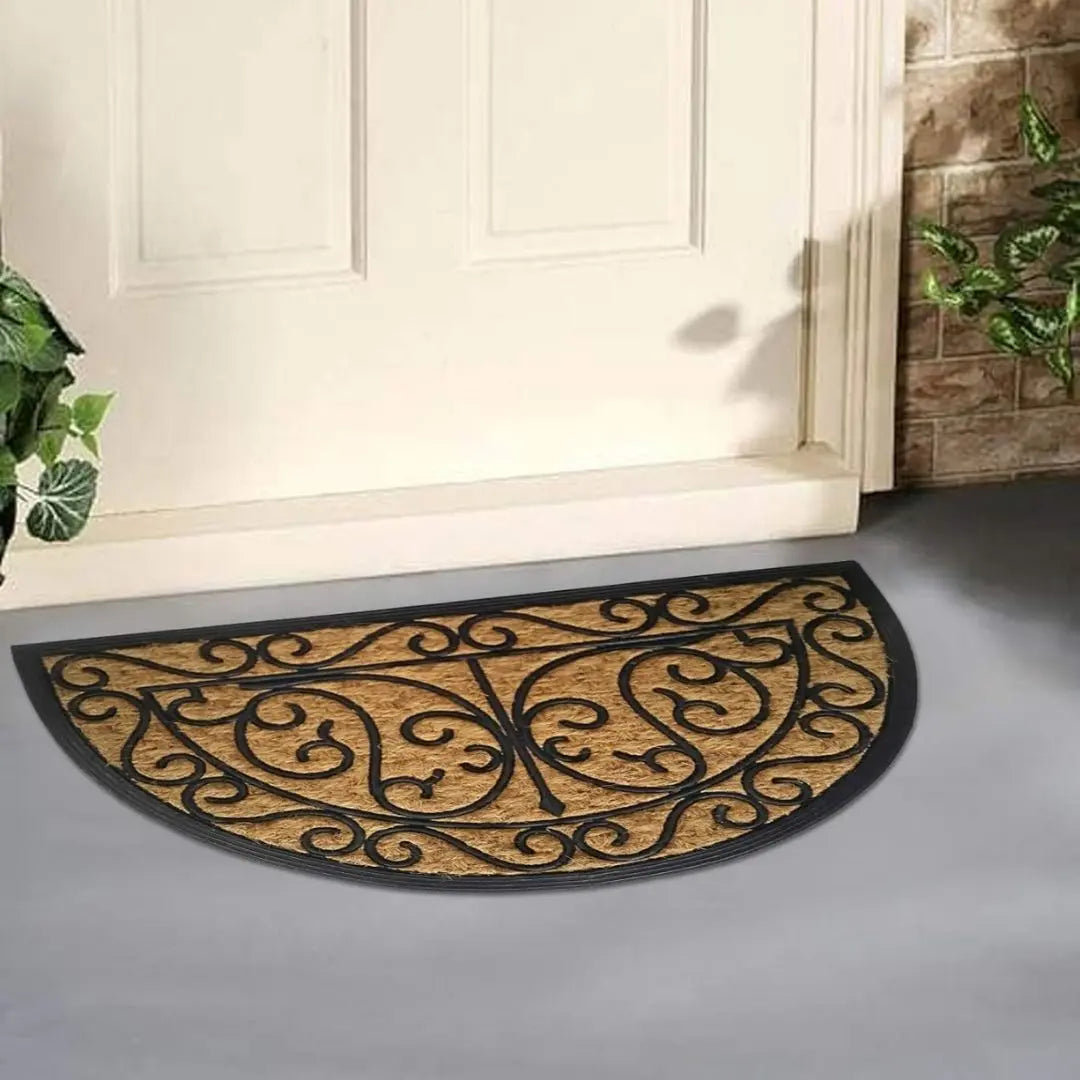 HearthWoven Crescent Coir Door Mat – Non-Slip Entrance Mat with Ornate Scroll and Rubber Backing