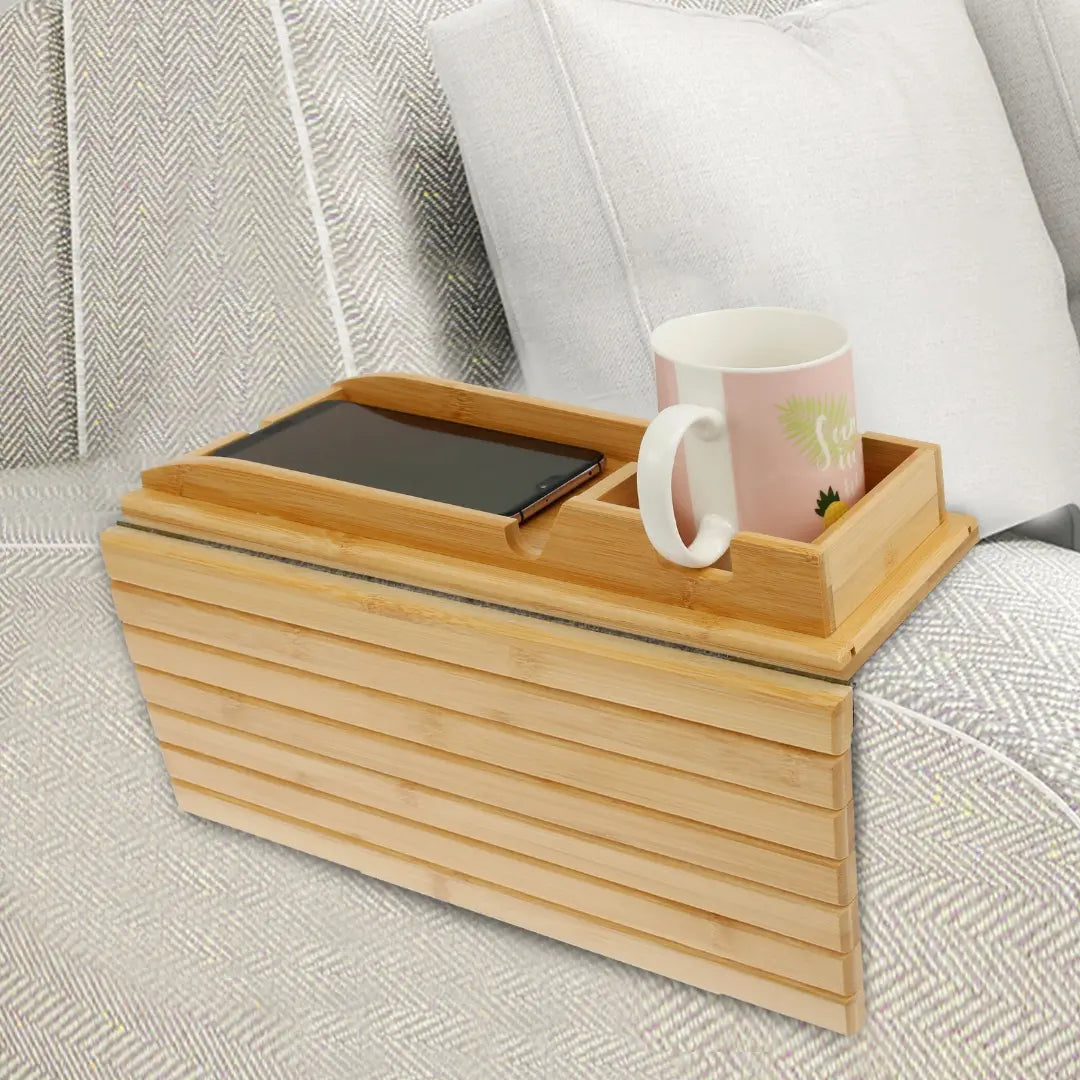 Couch Cup Holder Bamboo Wood Sofa Armrest Tray - Foldable and Anti-Slip