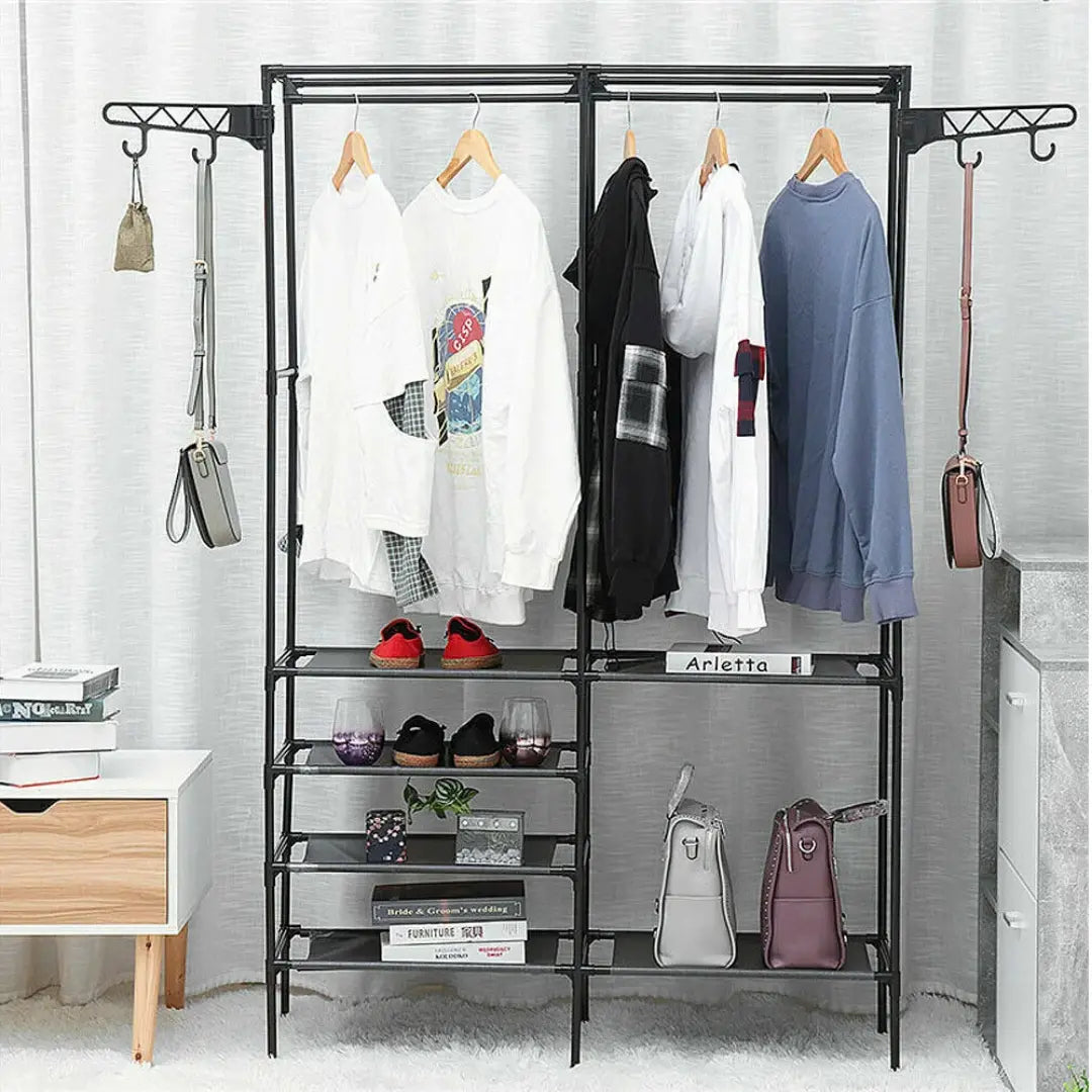 Double Row Clothes Rack with Shoe Shelf & Rotating Hooks