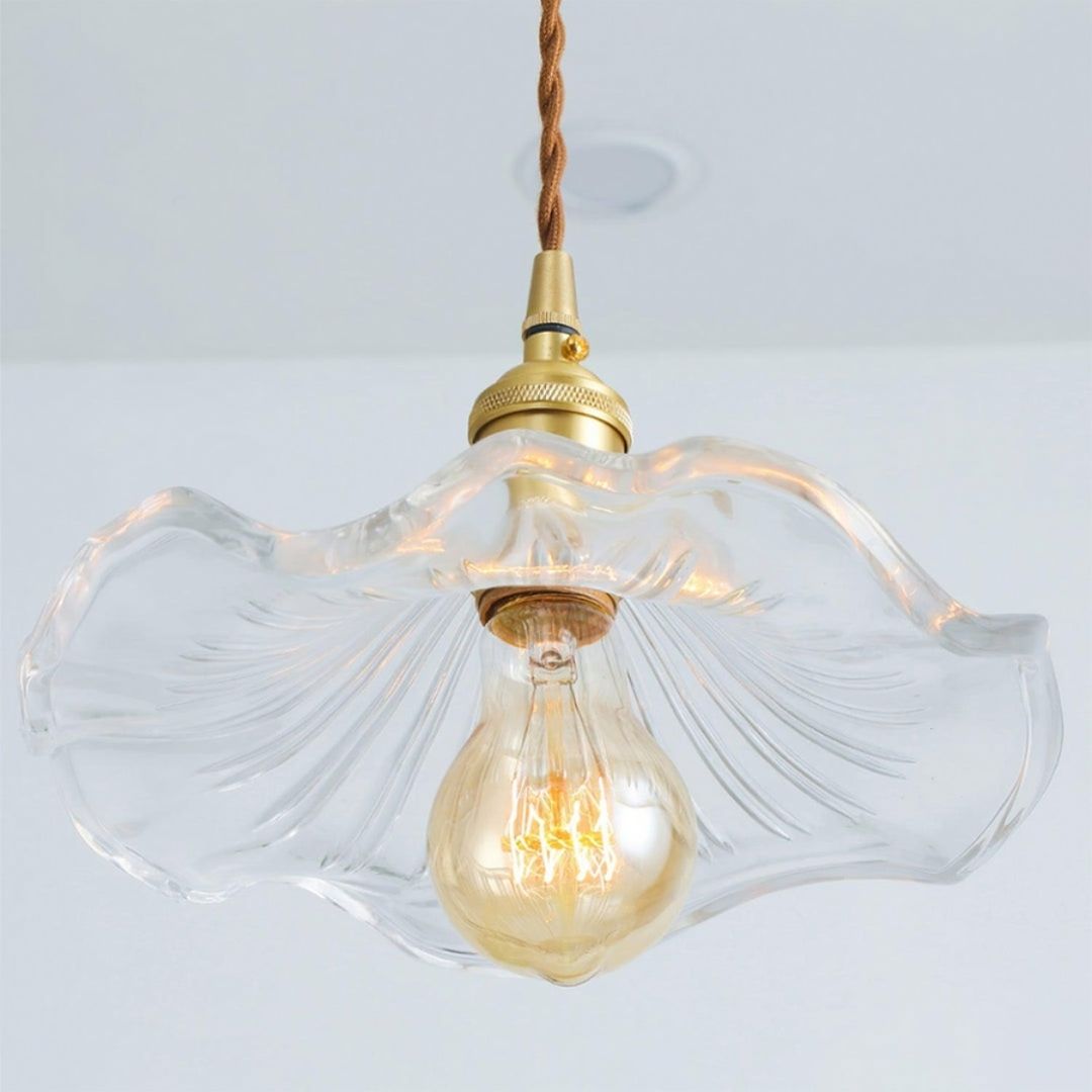 Hibiscus Bloom Glass Pendant - Vintage Floral Ceiling Light in Brass Finish