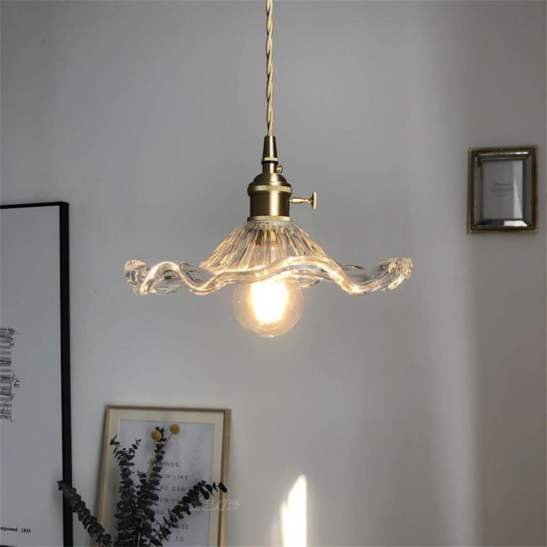 Hibiscus Bloom Glass Pendant - Vintage Floral Ceiling Light in Brass Finish