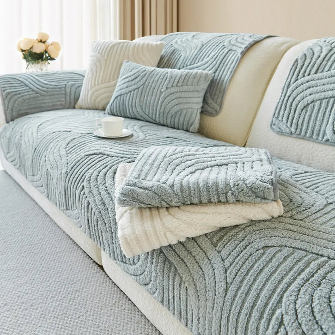 Solari Bohemian Non-Slip Plush Sofa Cover - Chenille Furniture Protector with Wave Texture