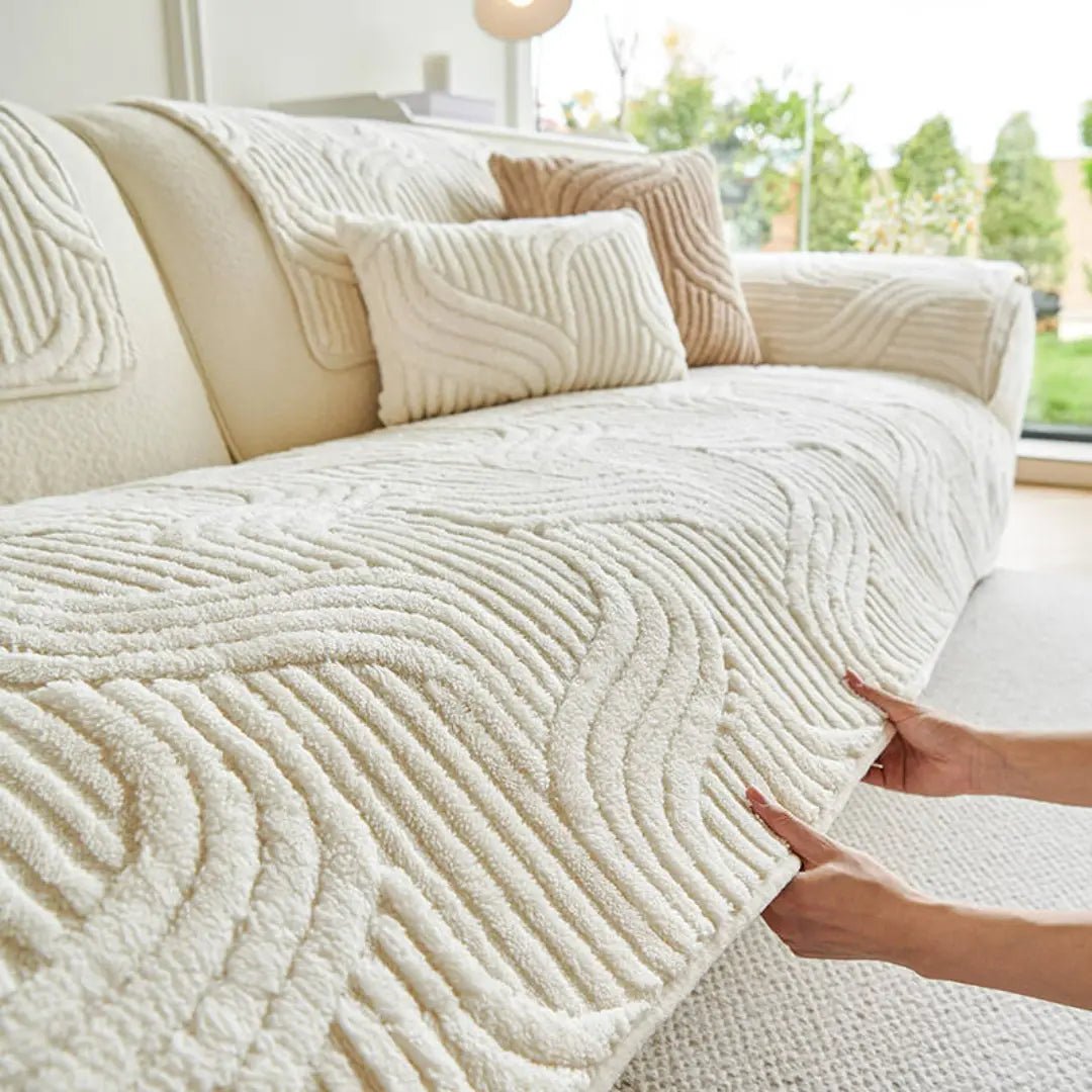 Solari Bohemian Non-Slip Plush Sofa Cover - Chenille Furniture Protector with Wave Texture