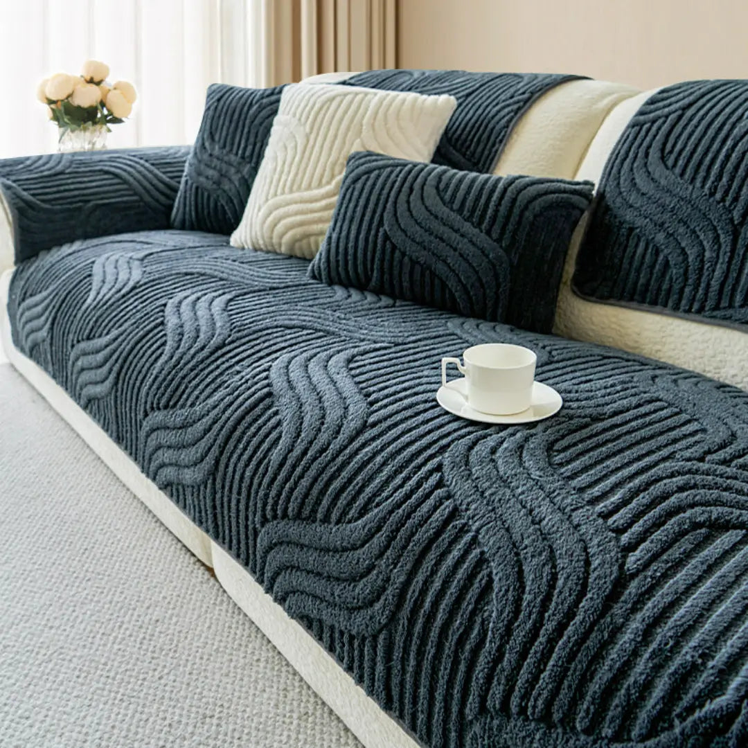 Solari Bohemian Non-Slip Plush Sofa Cover - Chenille Furniture Protector with Wave Texture