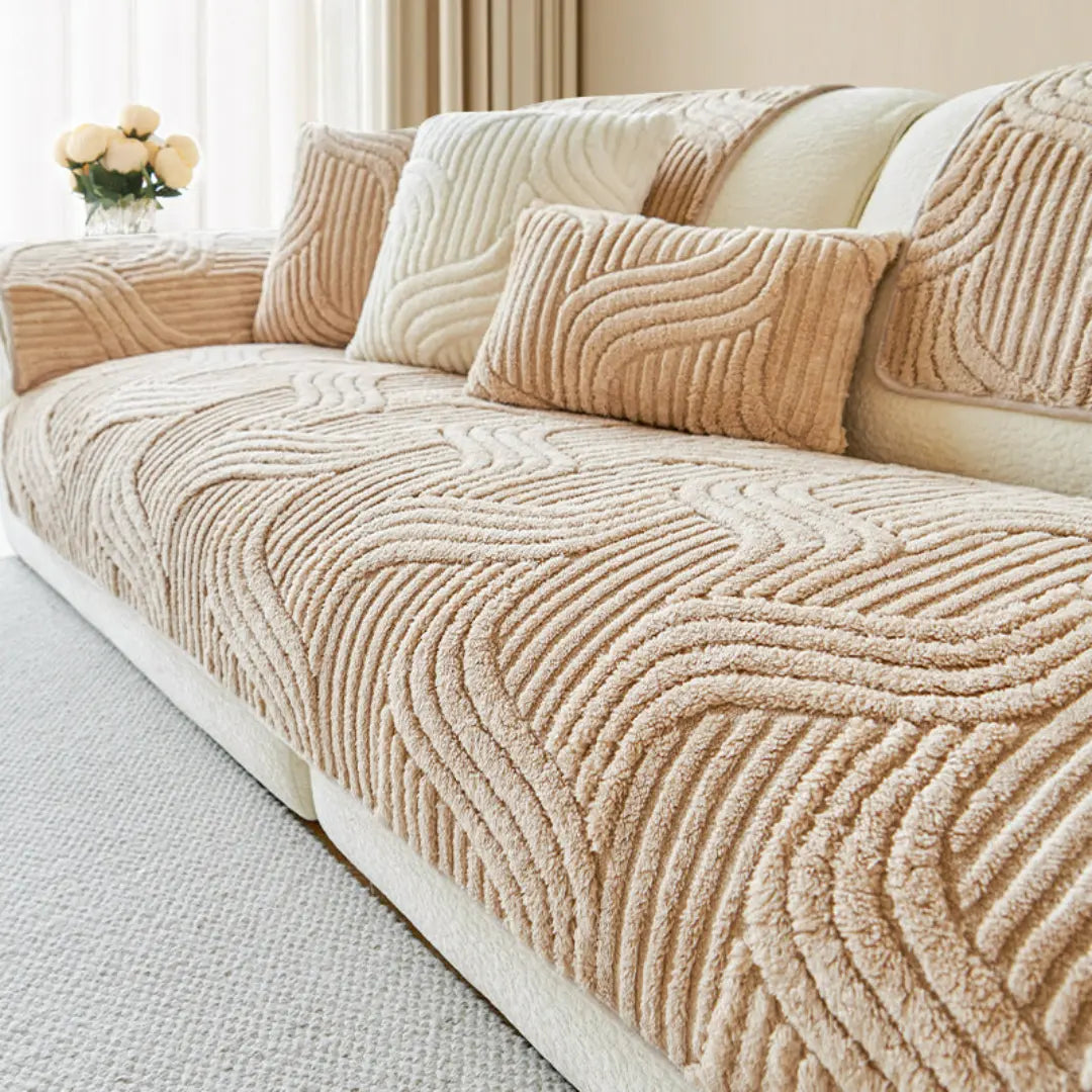 Solari Bohemian Non-Slip Plush Sofa Cover - Chenille Furniture Protector with Wave Texture
