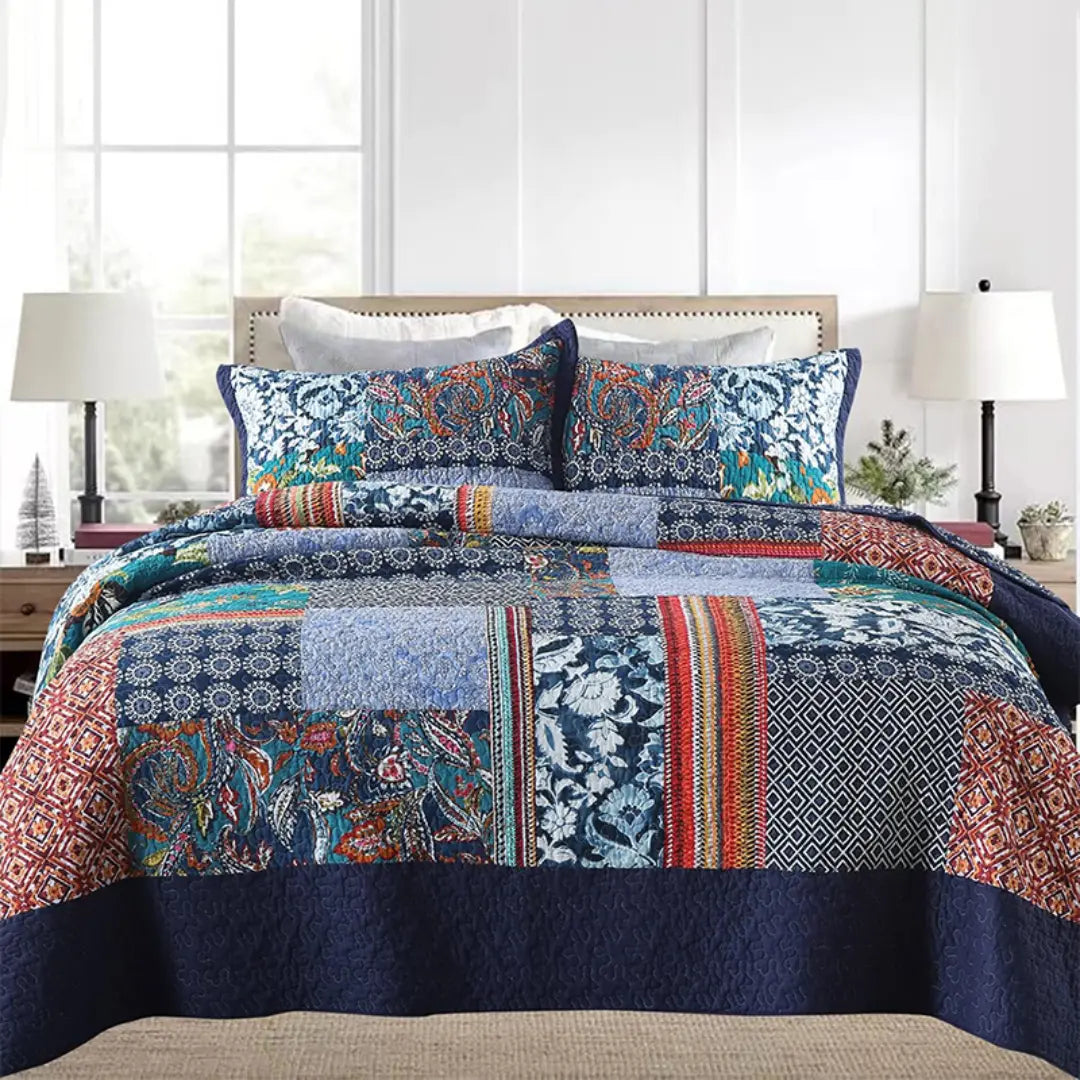 Avenia Bohemian Patchwork Bedspread Coverlet Set - Navy Blue Cotton Quilt with Floral Plaid Design