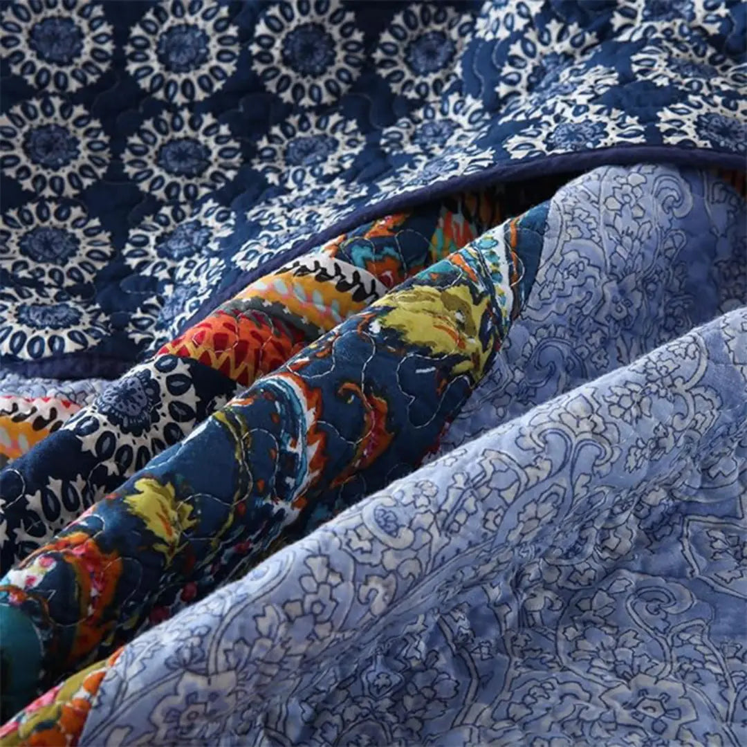 Avenia Bohemian Patchwork Bedspread Coverlet Set - Navy Blue Cotton Quilt with Floral Plaid Design