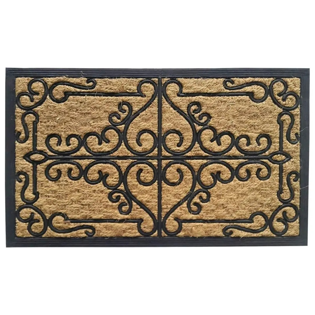 HearthWoven Crescent Coir Door Mat – Non-Slip Entrance Mat with Ornate Scroll and Rubber Backing