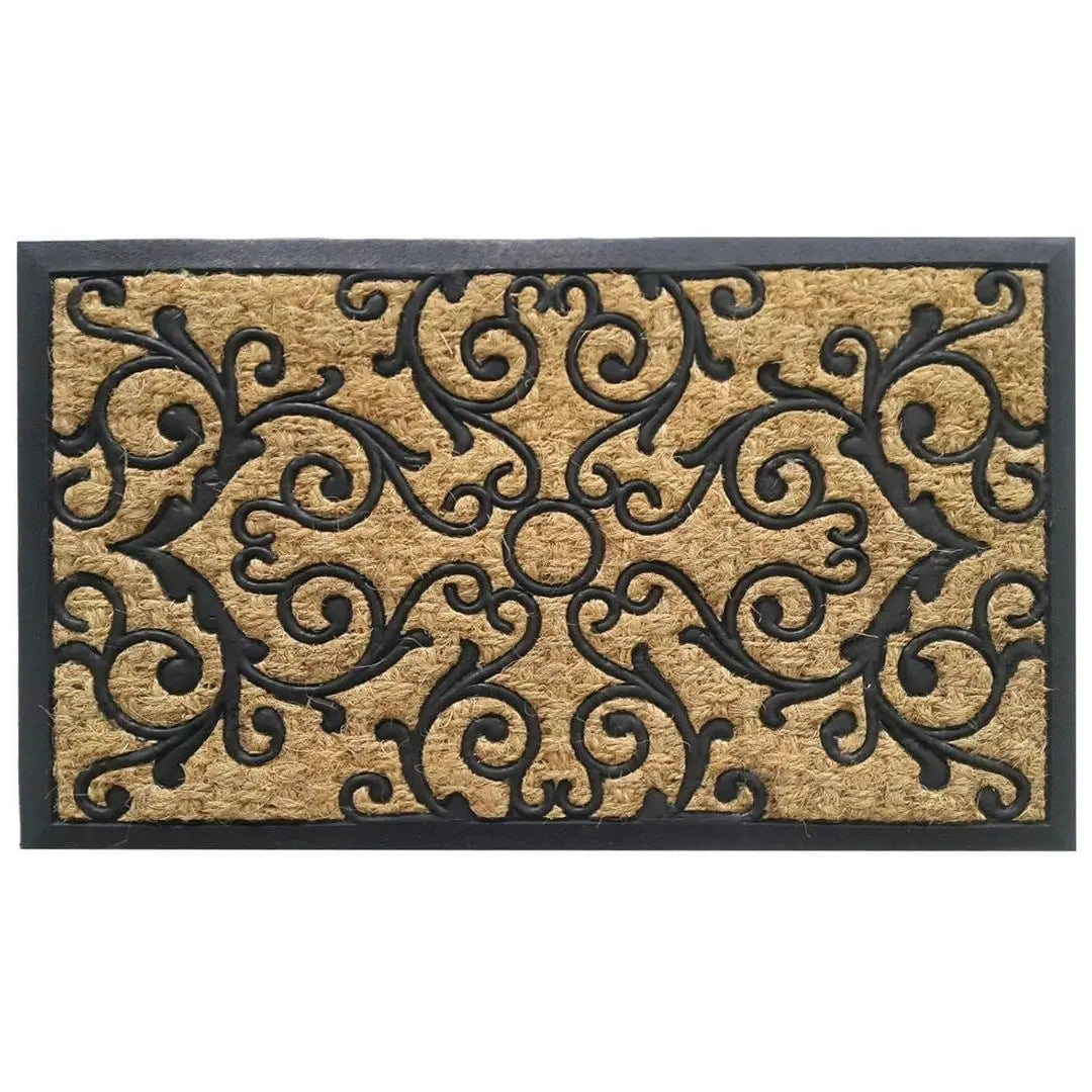 HearthWoven Crescent Coir Door Mat – Non-Slip Entrance Mat with Ornate Scroll and Rubber Backing