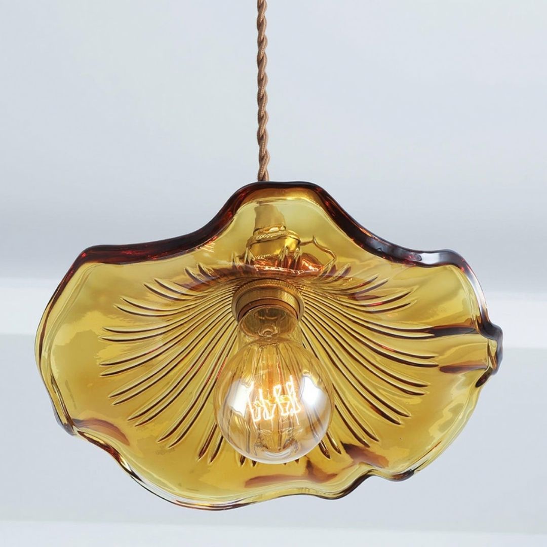 Hibiscus Bloom Glass Pendant - Vintage Floral Ceiling Light in Brass Finish