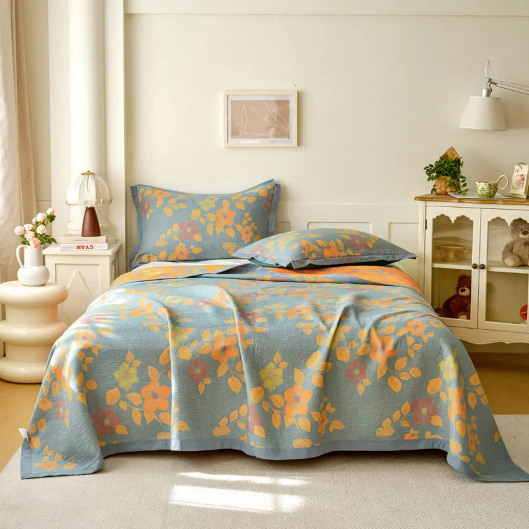 Zeyra Boho Breathable Cotton Gauze Quilt - 3-Layer Reversible Floral and Geometric Blanket