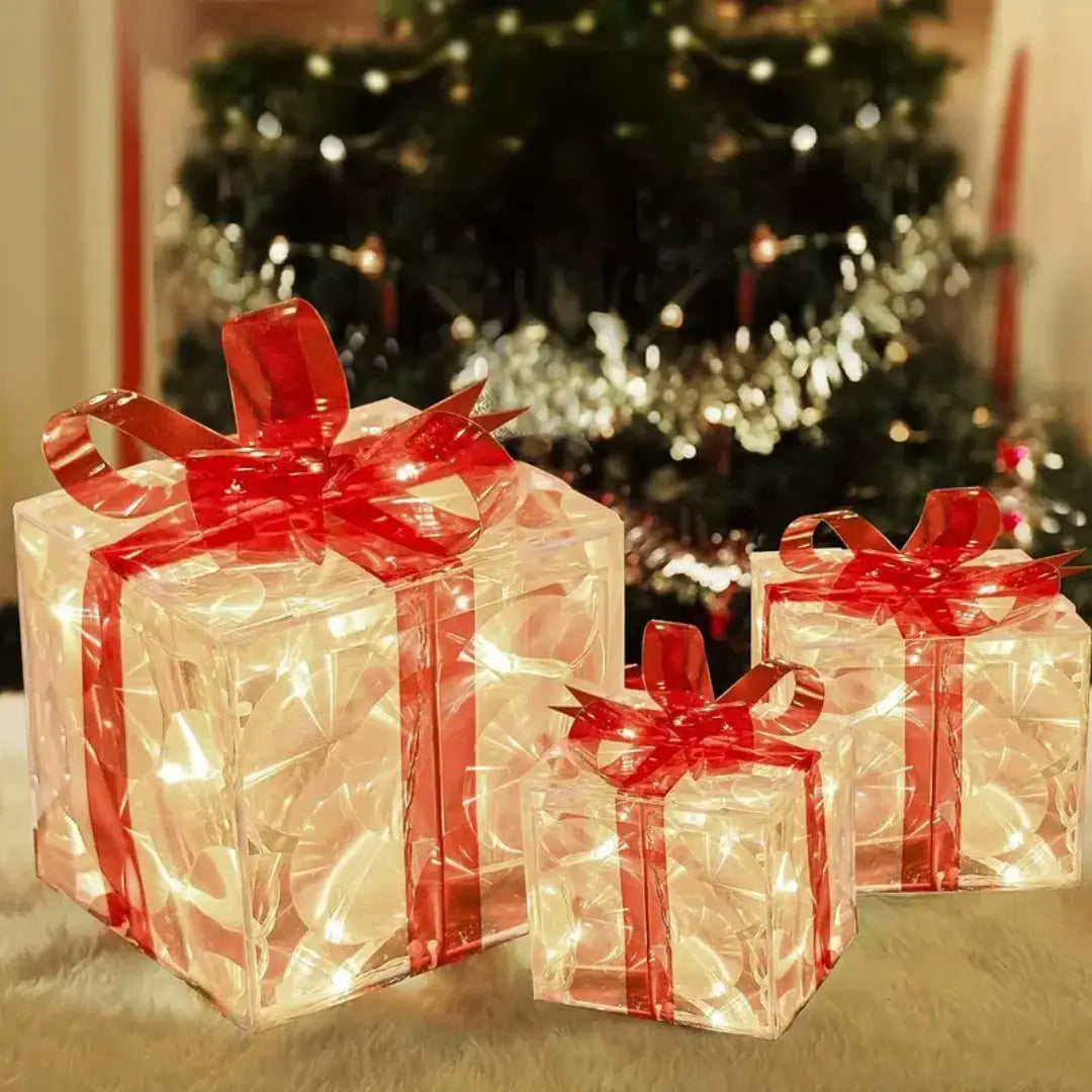 Lumora Lighted Christmas Gift Boxes - Transparent Warm White LED Present Decorations with Red Bows