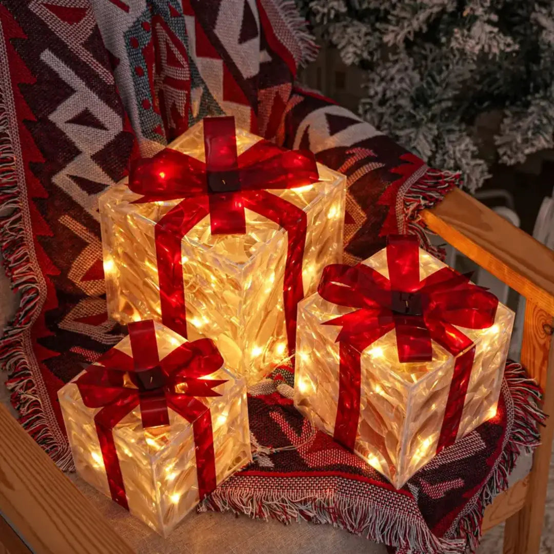 Lumora Lighted Christmas Gift Boxes - Transparent Warm White LED Present Decorations with Red Bows