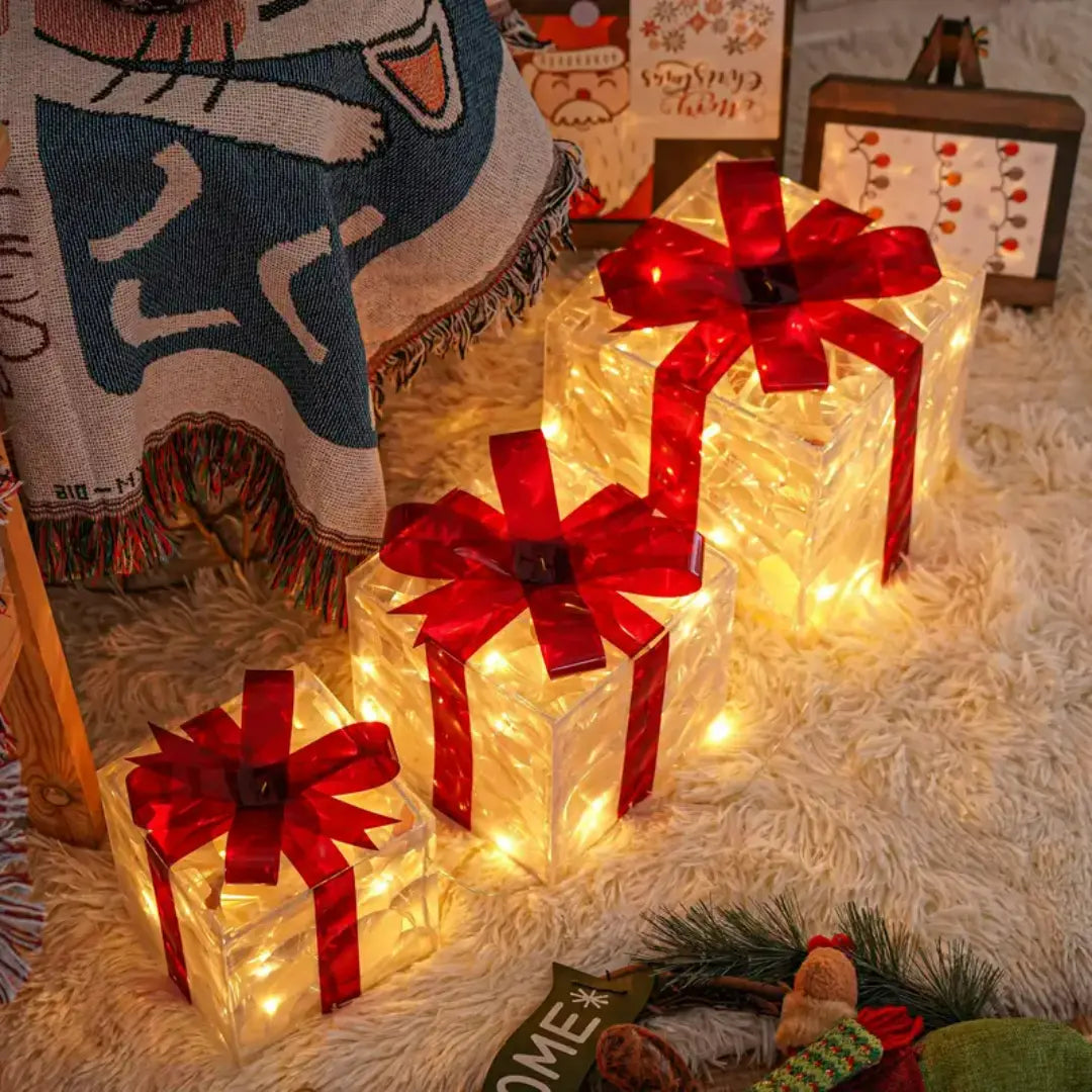 Lumora Lighted Christmas Gift Boxes - Transparent Warm White LED Present Decorations with Red Bows