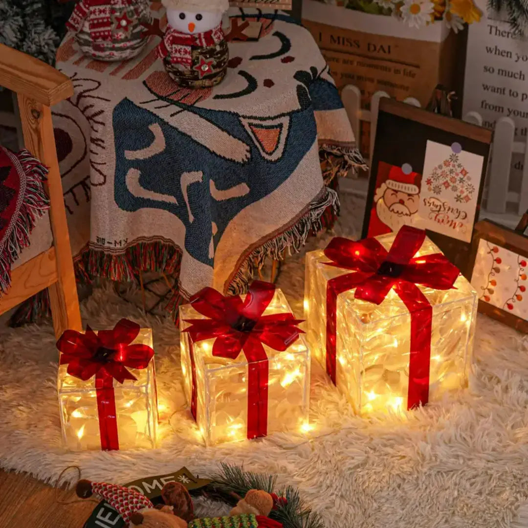 Lumora Lighted Christmas Gift Boxes - Transparent Warm White LED Present Decorations with Red Bows
