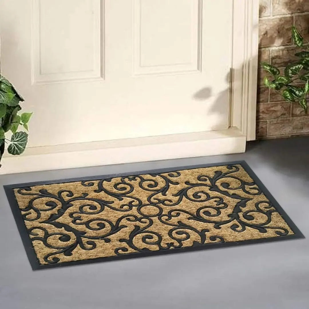 HearthWoven Crescent Coir Door Mat – Non-Slip Entrance Mat with Ornate Scroll and Rubber Backing