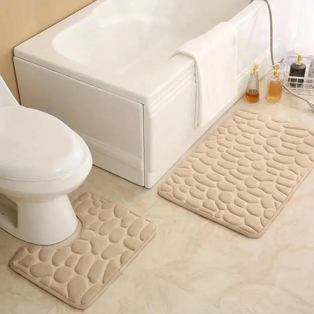 2PC Embossed Stone Pattern Non Slip Bath Mat Set