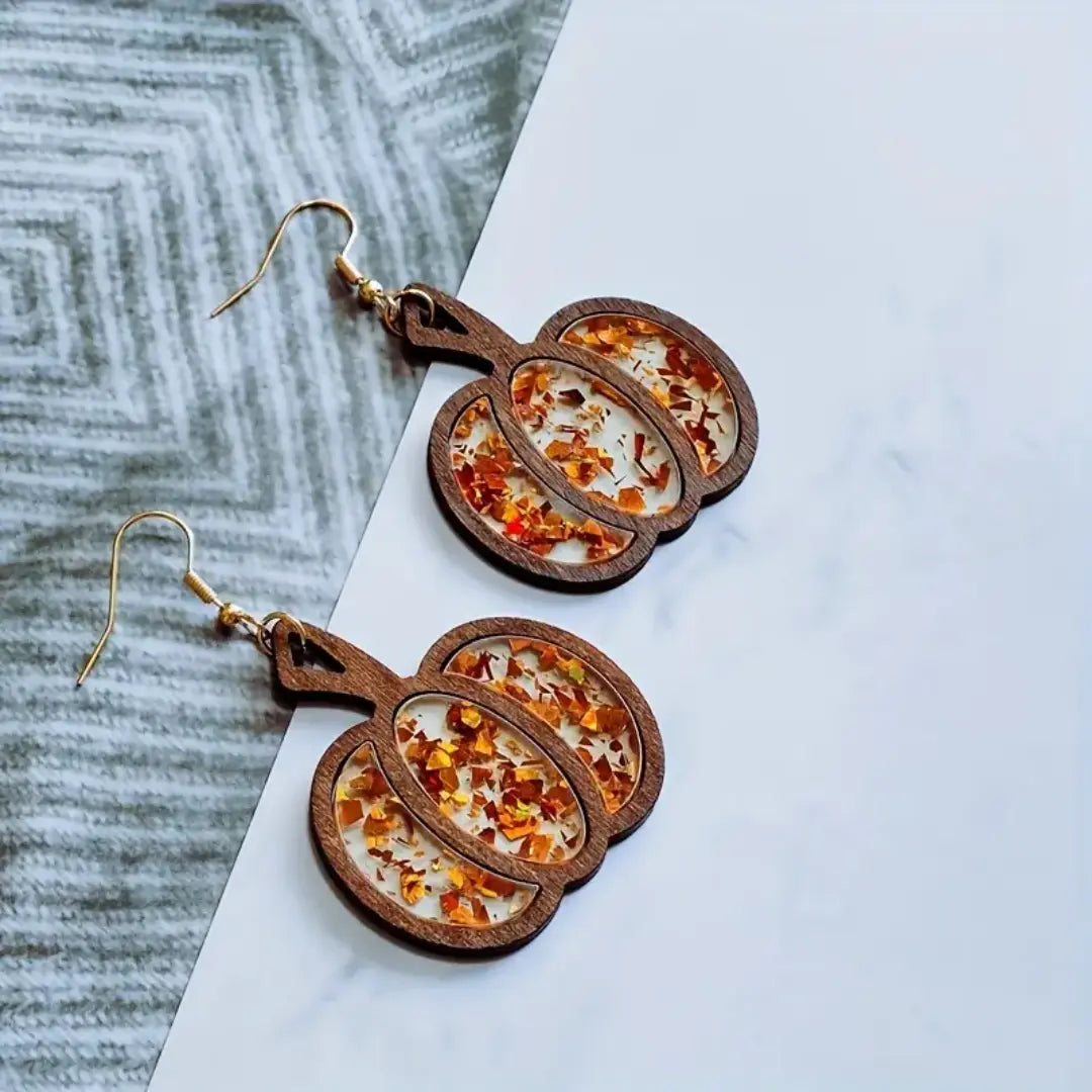 Orange Wooden Pumpkin Drop Earrings - Autumn & Halloween Jewelry