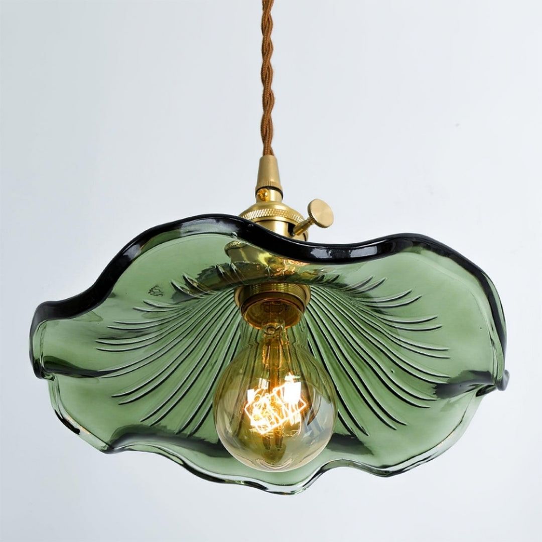 Hibiscus Bloom Glass Pendant - Vintage Floral Ceiling Light in Brass Finish