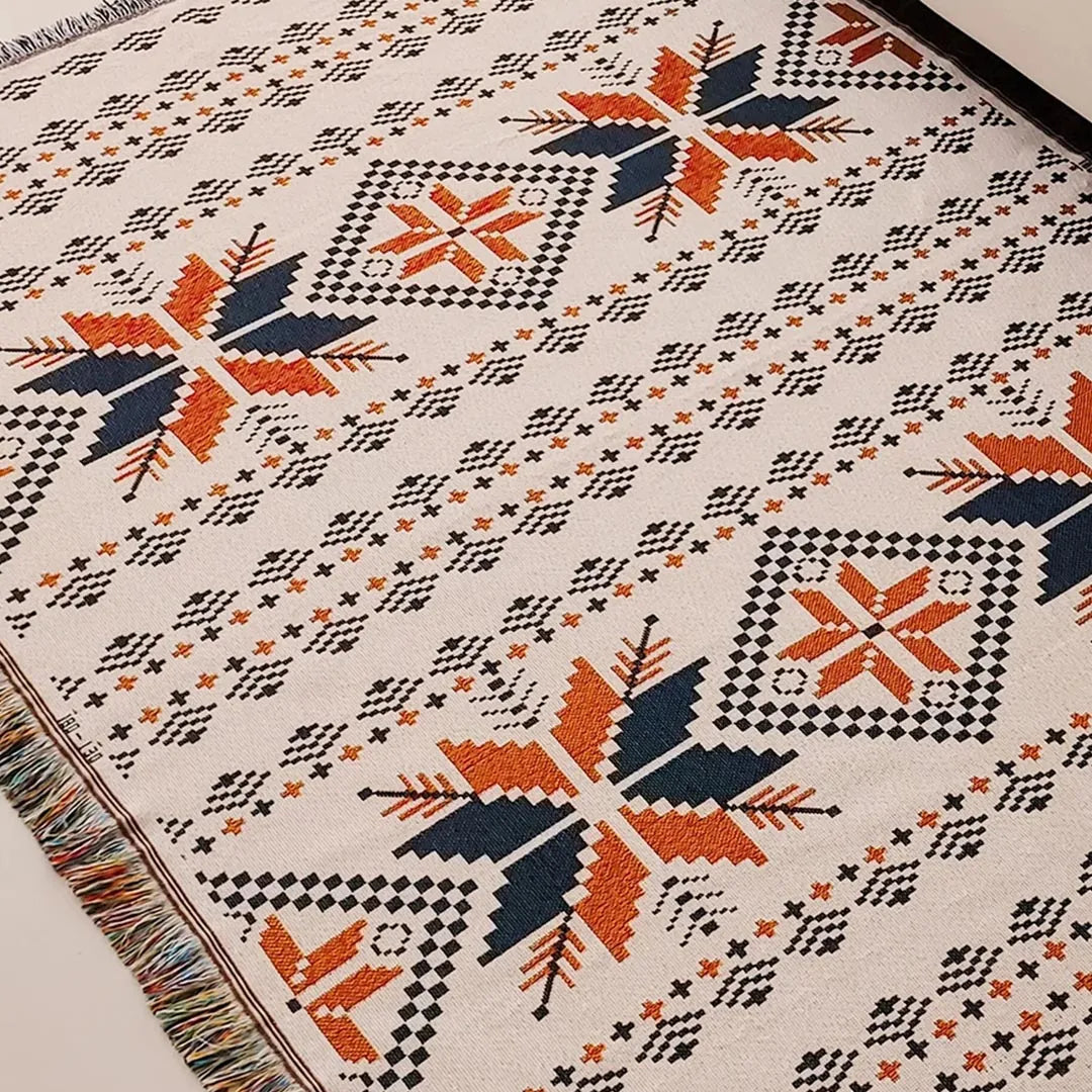 Modern Bohemian Blanket - Reversible Tribal Print Throw with Fringes