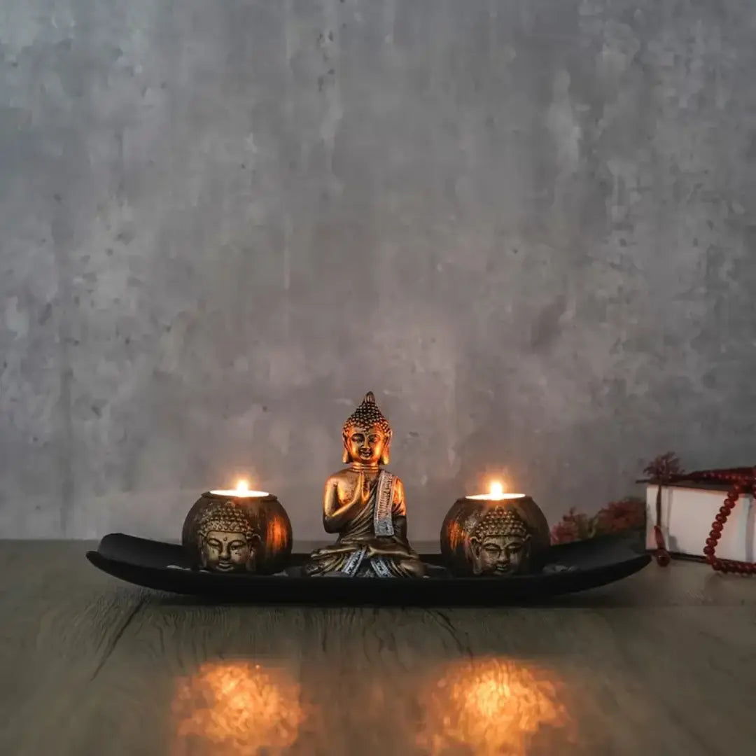 Zen Style Buddha Statue Candle Holder Tray - Polished Wooden Finish