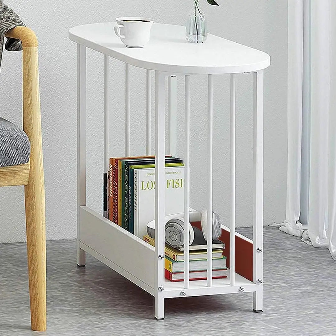 Oval End Table with Storage - Slim Wooden Side Table with Metal Frame