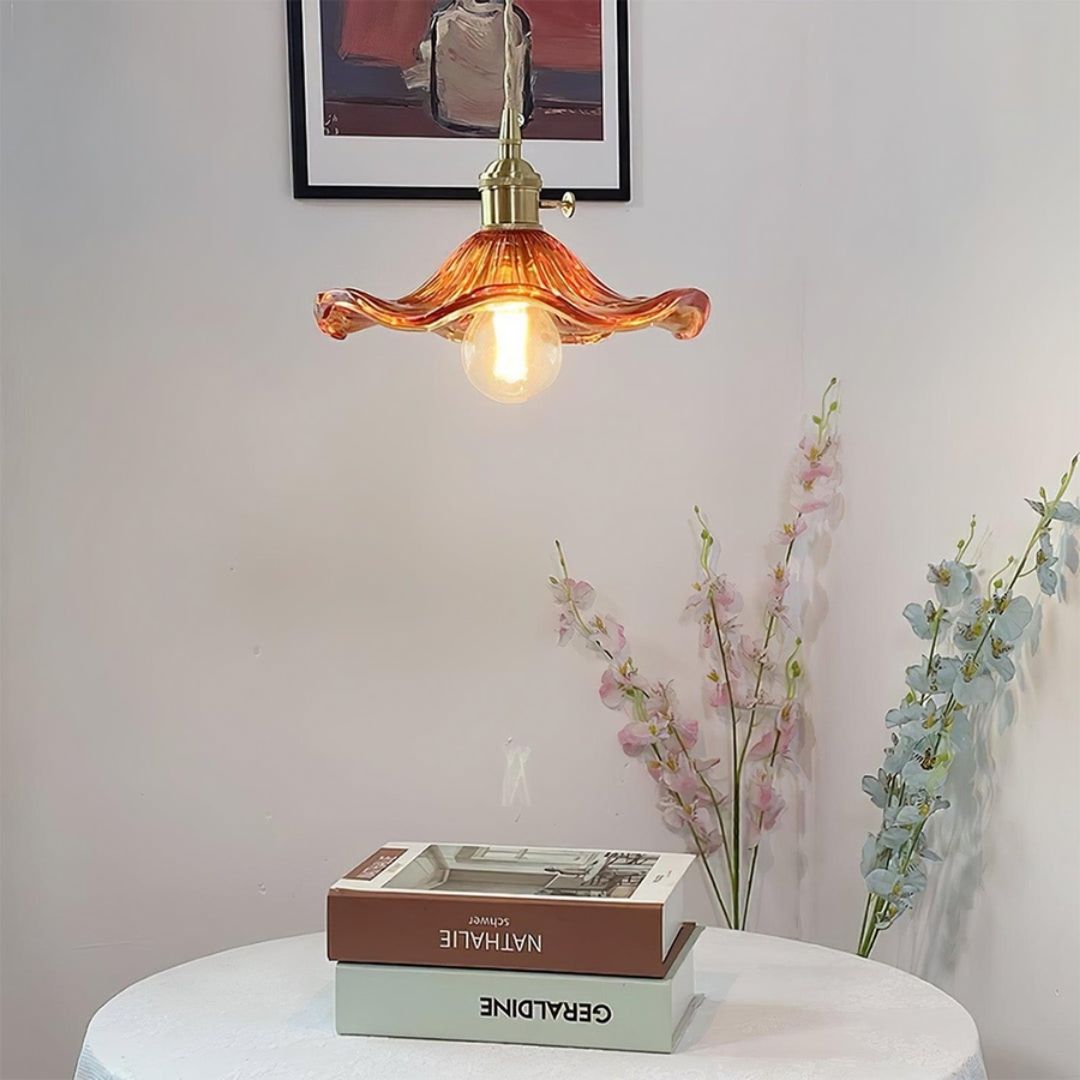Hibiscus Bloom Glass Pendant - Vintage Floral Ceiling Light in Brass Finish