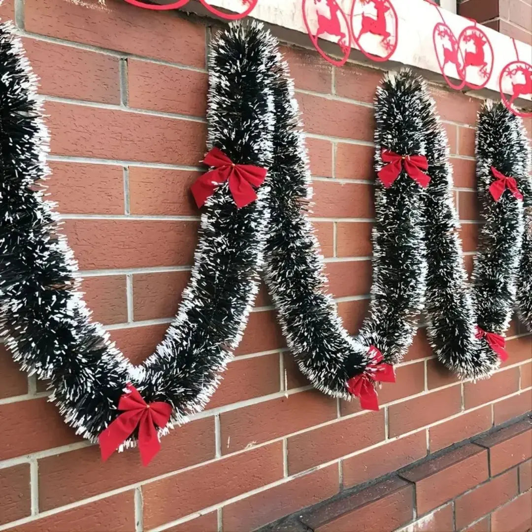 Christmas Rattan Garland - Dark Green with White Edge Strips Snowflake Decorative Vine
