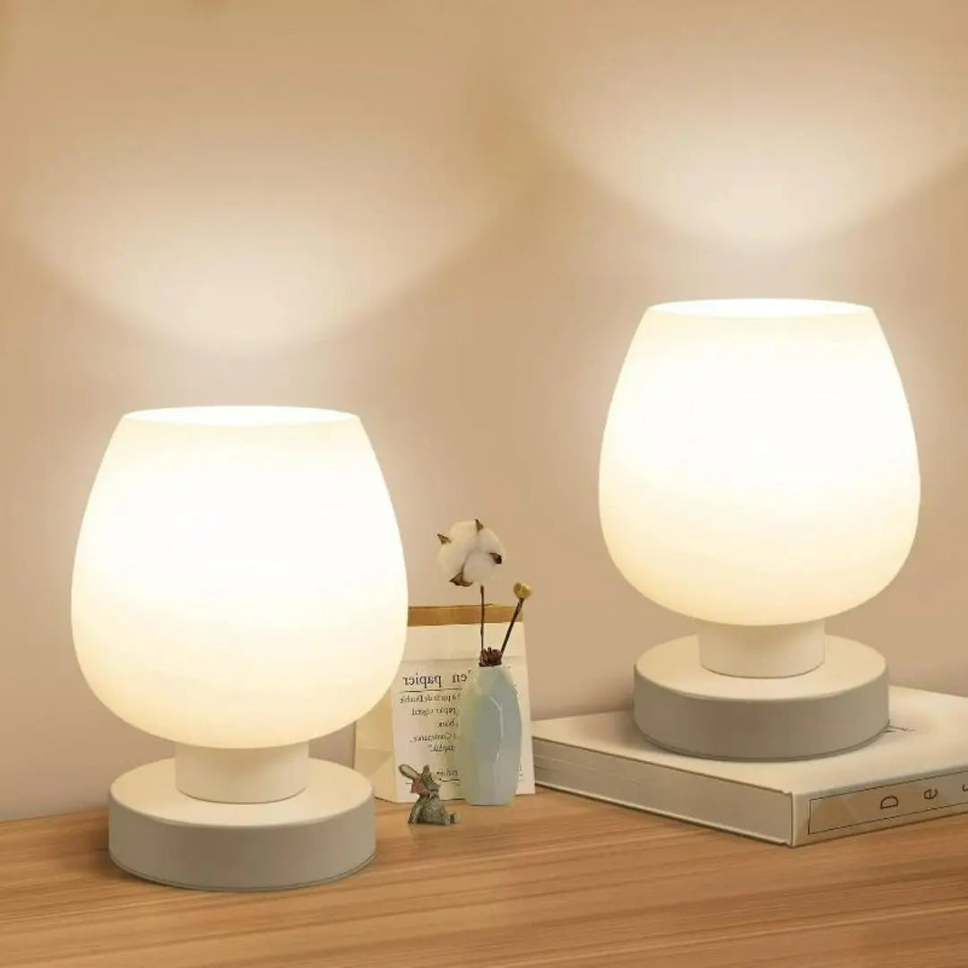 White Opal Glass Table Lamp - 3-Way Dimmable with Warm LED Bulb