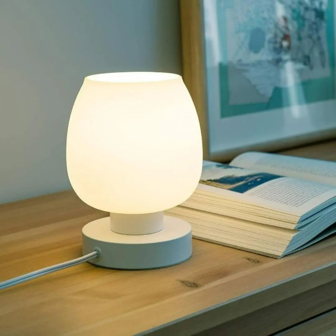 White Opal Glass Table Lamp - 3-Way Dimmable with Warm LED Bulb