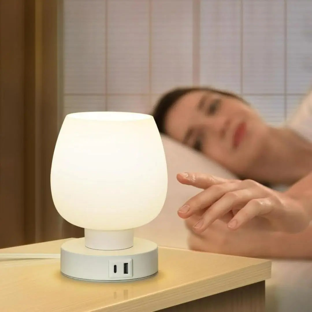 White Opal Glass Table Lamp - 3-Way Dimmable with Warm LED Bulb