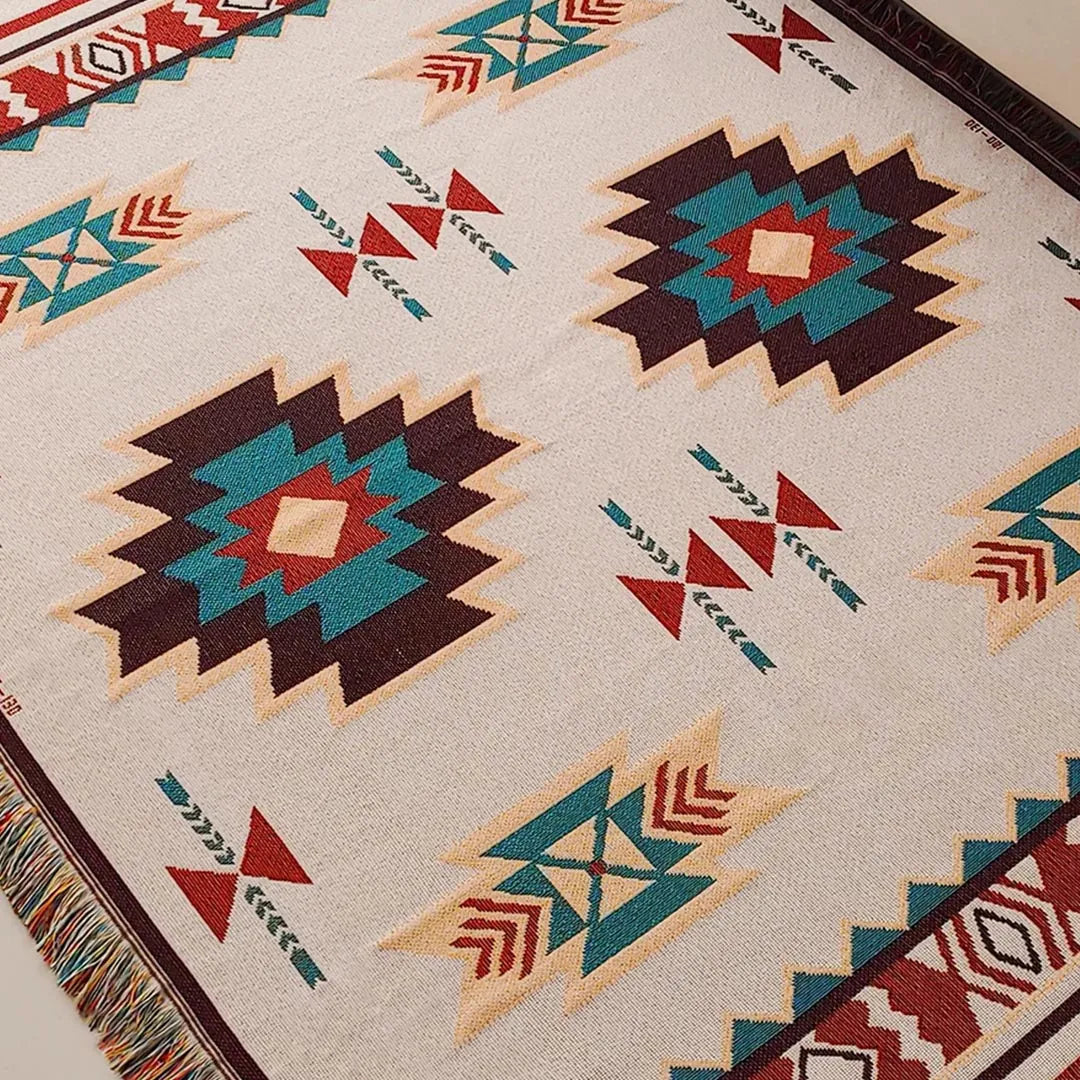 Modern Bohemian Blanket - Reversible Tribal Print Throw with Fringes