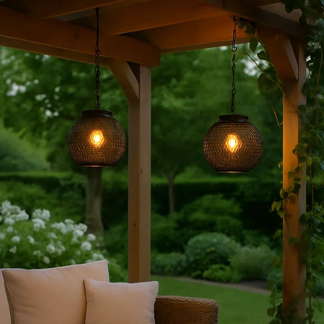 Outdoor Metal Mesh Lanterns - Solar Hanging Garden Lights with Warm LED Glow