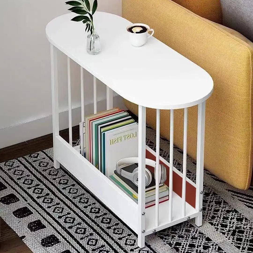 Oval End Table with Storage - Slim Wooden Side Table with Metal Frame