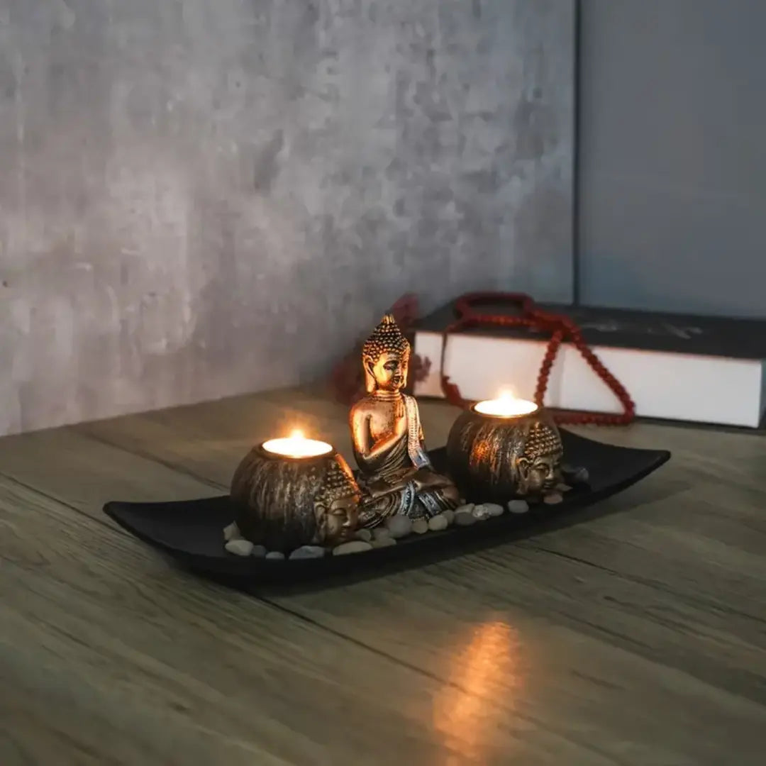 Zen Style Buddha Statue Candle Holder Tray - Polished Wooden Finish