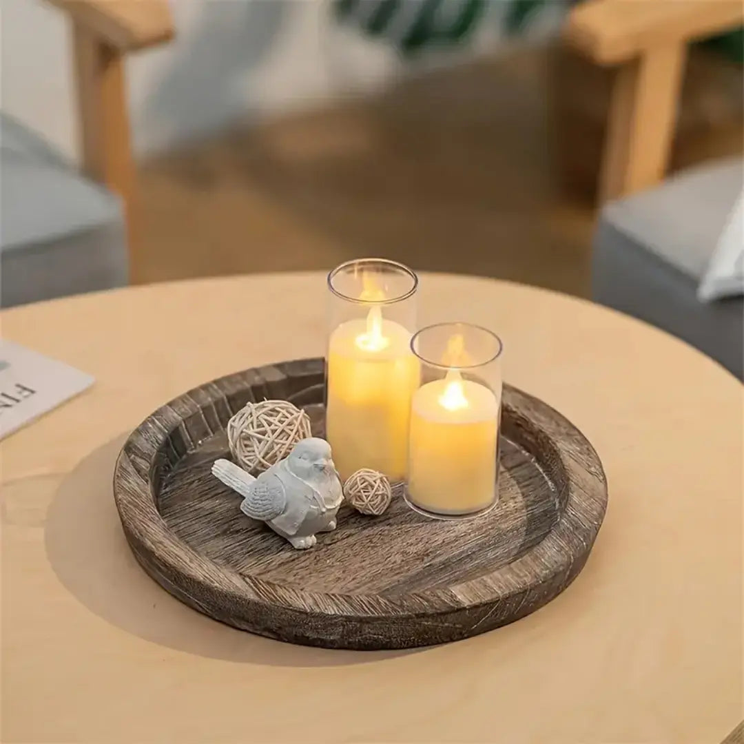 Round Wooden Candle Tray - Rustic Farmhouse Decor