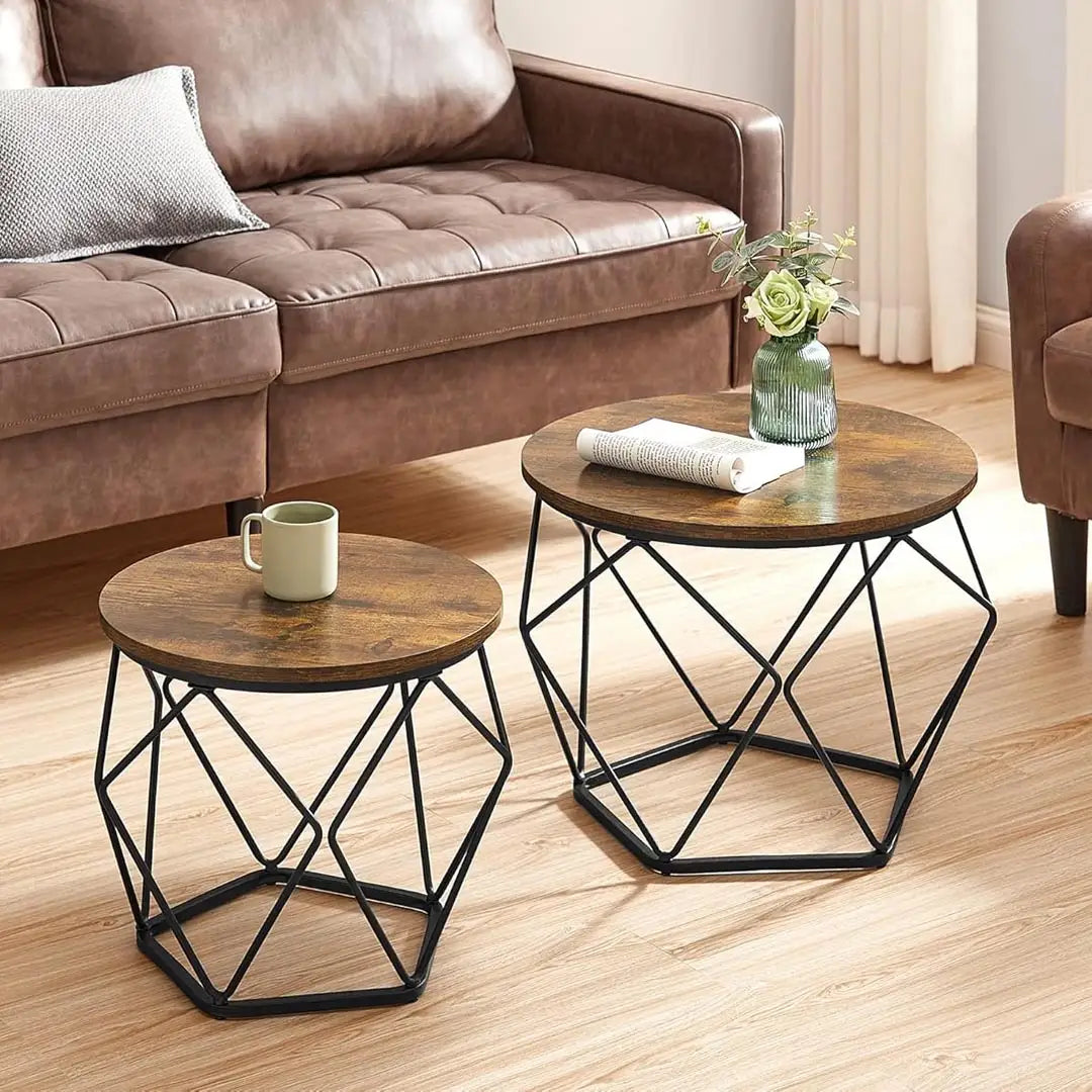 Set of 2 Coffee Tables - Industrial Round Side Tables